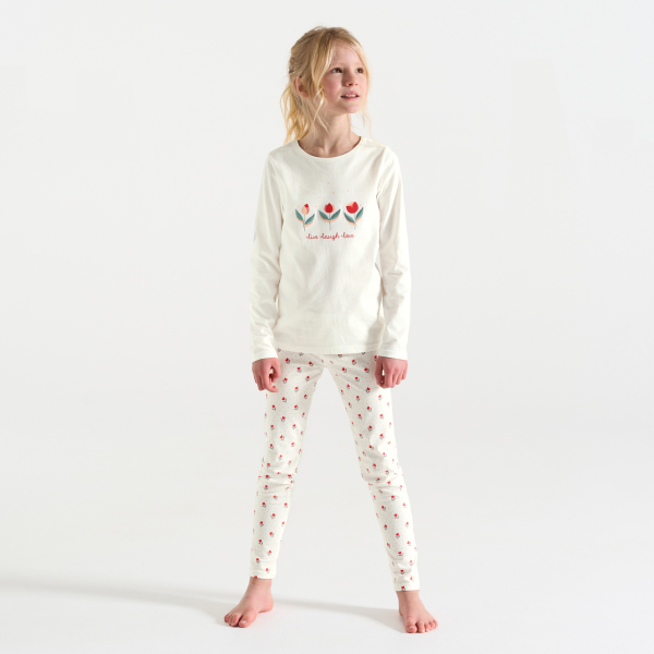 منامة من قطعتين من الجيرسي المزين برسوم، باللون الأبيض للفتيات